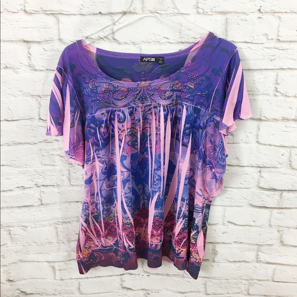 Apt 9 Women’s purple flutter top abstract Sz 3X